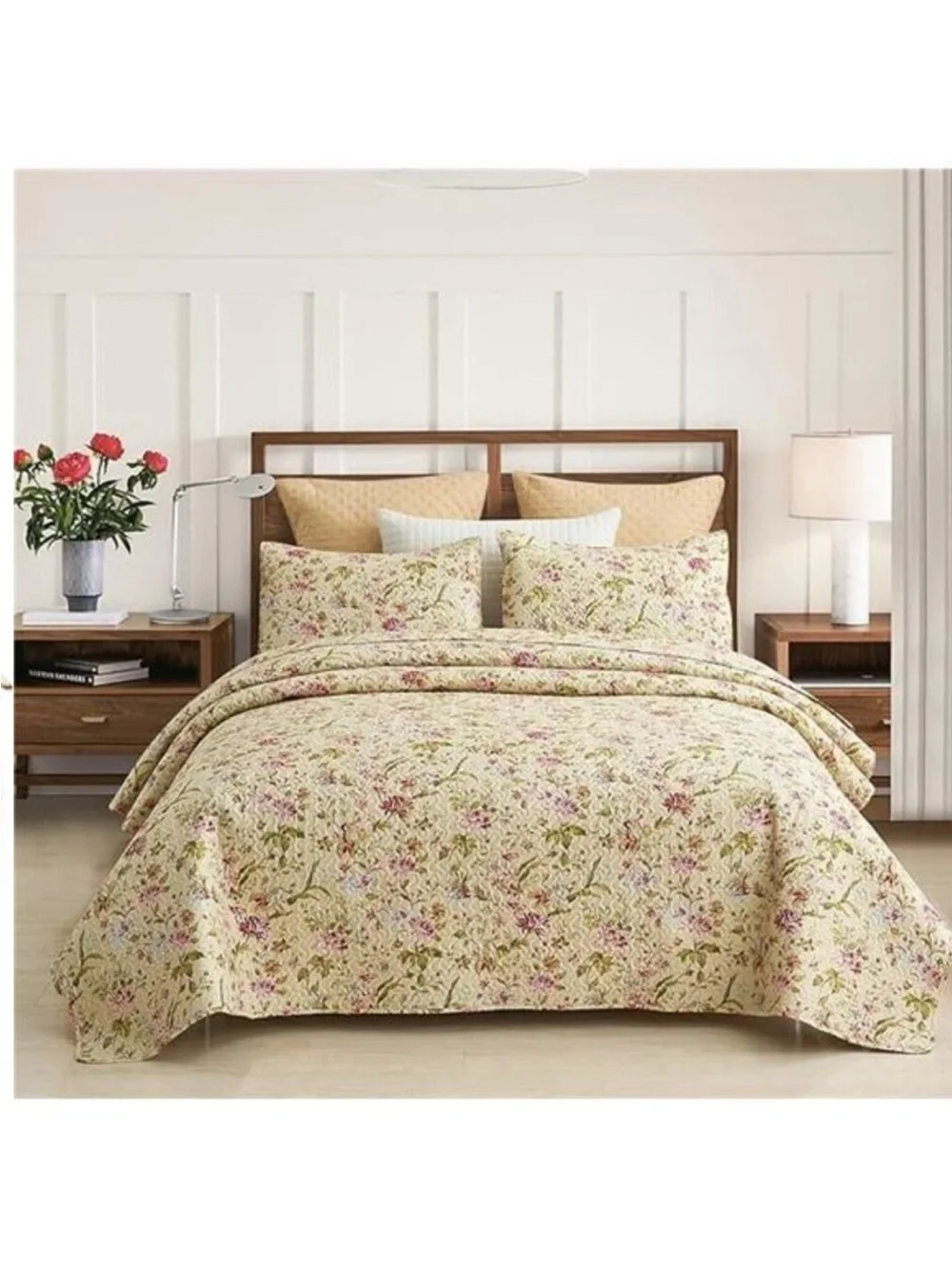 Floral Quilt Set King Size, Reversible Cotton Quilt Bedding Set